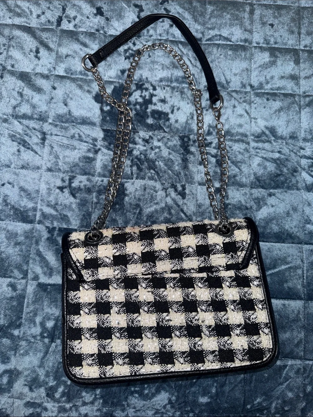 Source Unknown Black & Cream Check Tweed Chain Crossbody Bag